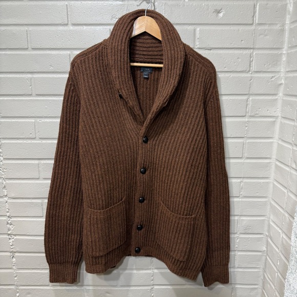 J Crew Lambswool Shawl Cardigan Mens L Brown Leather Elbow Patches Dark Academia - Picture 3 of 10